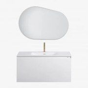 Zestaw Wiszących Mebli Łazienkowych Zintegrowany Z Umywalką Macrae Biała & Owalna Lampa Led I Przeciwmgielna 100x80 - Sklum