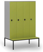 Drewniana szafa ubraniowa S4 z ławką, 4-drzwiowa, 1871 x 1200 x 500/800 mm, demontaż, zamek RFID, szary/zielony