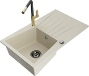 Mexen Cesar zlewozmywak granitowy 1-komorowy z ociekaczem i baterią kuchenną Flora, beżowy - 6514-69-670401-57-B