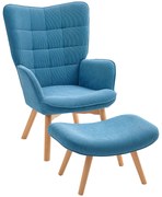 HOMCOM Akcentowy Fotel z Podnóżkiem, Fotel Relaksacyjny w Wyglądzie Sztruksu, Fotel z Podłokietnikami i Drewnianymi Nogami, do Salonu, Niebieski
