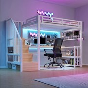 Łóżko piętrowe dla dzieci - 90 x 200 cm - rama żeliwna - z półką + diody LED + biurko + schody do przechowywania + USB - metalowe - białe