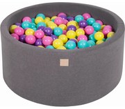 Okrągły Suchy Basen Z Piłeczkami 7cm Dla Dziecka, 90x40cm/300 Piłek, Bawełniany, Ciemnoszary, Piłki: Fioletowe, Ciemnoróżowe, Limonkowe, Turkusowe - Meowbaby®