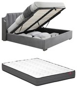 Łóżko ze skrzynią i zagłówkiem z bocznymi panelami 160 x 200 cm - Welur - Jasnoszary + Materac - TEOMIS