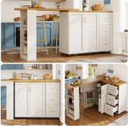 Rozkładany barek kuchenny na kółkach - 135-228 x 39 x 104 cm - z 2 drzwiami + 3 szufladami - MDF + metal - biały