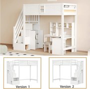 Łóżko piętrowe dla dzieci - 90 x 200 cm - ze schodami do przechowywania + okno + szafa - drewno + płyta MDF - białe