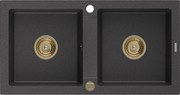 Mexen Mario zlewozmywak granitowy 2-komorowy 820 x 436 mm, czarny nakrapiany, syfon złoty - 6504822000-76-G