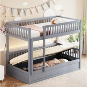 Łóżko piętrowe dla dzieci - 2 x 90 x 200 cm - z hydraulicznym schowkiem - Solidne i trwałe - Sosna + Sklejka + MDF - Szare