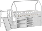 Łóżko piętrowe dla dzieci 90 x 200 cm - lite drewno - zjeżdżalnia, szuflady i szafka - białe