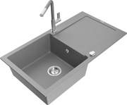 Mexen Leo zlewozmywak granitowy 1-komorowy z ociekaczem i baterią kuchenną Flora, szary - 6501-71-670401-06