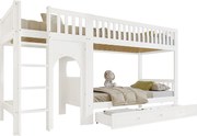 Łóżko piętrowe dla dzieci - 2 x 90 x 200 cm - z barierkami zabezpieczającymi + szuflady - sosna + płyta MDF - białe