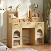 Nowoczesna toaletka - 120 x 40 x 139,5 cm - z diodami LED i lustrem + 3 szuflady + 2 drzwi + półki - MDF + płyta wiórowa - naturalny