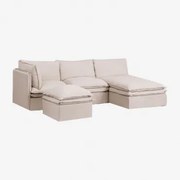 Sofa Modułowy Z Szezlongiem 3-częściowy I Pufą Z Lnu I Bawełny Grace Tkaniny Beige - Sklum