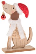 Dekoracja świąteczna Drewniany pies z czapką, 21 cm