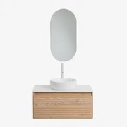 Zestaw Wiszących Mebli Łazienkowych Z Drewna Jesionowego Tedrik Popielaty Brąz & Okrągły Ceramiczny Biały Ø40 Cm - Sklum