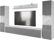 Nowoczesna meblościanka 4-elementowa do salonu z LED, 2 słupki, szafka RTV 180 cm i półka, korpus biały mat, fronty szary połysk