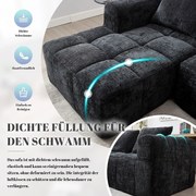 Sofa 3-osobowa w kształcie litery L - 250 x 158 x 60 cm - z szezlongiem + podłokietnikami + 3 poduszkami - Chenille - czarna