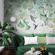 Tapeta zielone liście z kolibrami