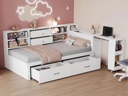 Drewniana sofa rozkładana 90x200cm - ukryte przechowywanie + półka - z 4 szufladami - gniazdo wielofunkcyjne - wysuwane biurko - biały