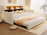 Rozkładana sofa z poduszkami 90x190cm - z oświetleniem LED - z gniazdem ładowania - z wysuwane łóżko - tkanina welurowa - beżowy