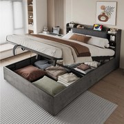Łóżko podwójne ze schowkiem - 180 x 200 cm - z hydraulicznym schowkiem + zagłówek + USB - MDF - szare