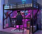 Łóżko antresolowe 90x200 cm - konstrukcja stalowa - z oświetleniem LED - z rampą + drabinką - z biurkiem - czarne