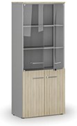 Szafa biurowa kombinowana z drzwiami drewnianymi i szklanymi PRIMO GRAY, 800 x 420 x 1781 mm, szary/dąb naturalny