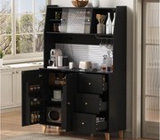 Nowoczesny bufet kuchenny 120x40x184cm - z gniazdkiem i uchwytami do kieliszków do wina - z 3 szufladami i 5 drzwiami - Czarny