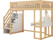 Łóżko mezzanine 90x200cm z drewna - z biurkiem i schodami do przechowywania - Naturalne i Białe