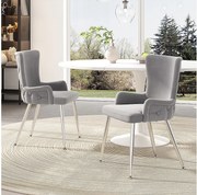 Zestaw 2 luksusowych krzeseł welurowych - 85 x 47 x 49 cm - z czterema srebrnymi metalowymi nogami - szary