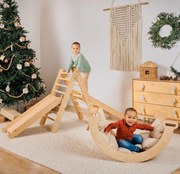 5 w1 Zestaw Wspinaczkowy Montessori dla Dzieci : Drabinka Pikler + Bujak + Zjeżdżalnia + Siatka + Poduszka