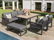 Salon ogrodowy, zestaw mebli, lin, na 6 osób - Kanapa 3-osobowa - 2 fotele - stół - Biały​ - z żelaza ocynkowanego, Szary