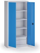 Szafa warsztatowa, 4 półki + 2 szuflady, 1950 × 950 × 500 mm, niebieskie drzwi