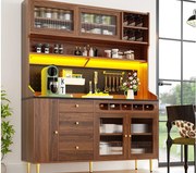 Kredens kuchenny 145x39x171 cm - z oświetleniem LED - 4 drzwi szklane - 3 szuflady - z panelem perforowanym - Brązowy