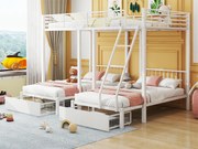 Łóżko piętrowe dla 3 dzieci z 2 szufladami - 140x200cm i 2x90x200cm - rama z materacem - Białe (materac nie jest w zestawie)