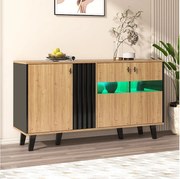 Bufet niski z LED - 3 drzwi i 6 komór - Naturalny i Czarny