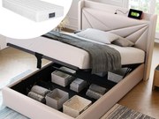 Łóżko ze schowkiem 90 x 200 cm - USB i typ C - tkanina lniana - stelaż z listew - beż + materac