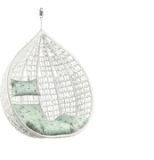 Białe wiszące krzesło KOKON bez stojaka, jasnozielona poduszka ze wzorem