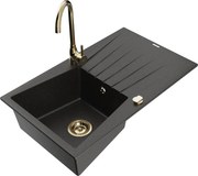 Mexen Cesar zlewozmywak granitowy 1-komorowy z ociekaczem i baterią kuchenną Telma, czarny/złoty - 6514-75-670200-50