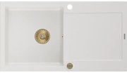 Mexen Leo zlewozmywak granitowy 1-komorowy z ociekaczem 900 x 500 mm, biały, syfon złoty - 6501901010-20-G