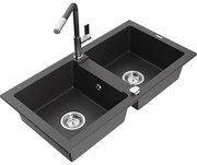 Mexen Mario zlewozmywak granitowy 2-komorowy z baterią kuchenną Flora, czarny nakrapiany - 6504-76-670401-08