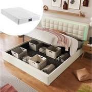 Łóżko ze schowkiem 140 x 200 cm z zagłówkiem - skóra ekologiczna - diody LED - stelaż listwowy - biały + materac