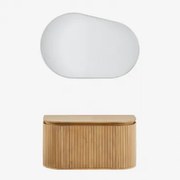 Zestaw Wiszących Mebli Łazienkowych 90x40 Cm Z Drewna Mango Analis Drewno Mango & Without Sink & Owalna Lampa Led I Przeciwmgielna 100x80 Cm - Sklum