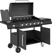 Outsunny Grill Gazowy na Kółkach z Przeszklonym Magazynkiem, Boczny Stół, Boczny Palnik, Półka Grzewcza, Termometr, Stal Nierdzewna, Czarny