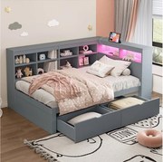 Sofa tapicerowana z funkcją spania - 90 x 200 cm - 2 szuflady - diody LED i gniazdka - ze schowkiem - tkanina flanelowa - szara