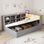 Łóżko z pojemnikiem 90x200 cm – z oświetleniem LED i otwartą przestrzenią – szare