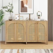 Drewniany kredens z 4 drzwiami z rattanu i regulowanymi półkami, metalowe uchwyty, odpowiedni do salonu i jadalni