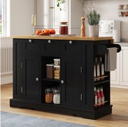 Czarny wózek - Wyspa kuchenna z 2 drzwiami i 3 szufladami - półka na przyprawy i 5 kółek - do kuchni i jadalni