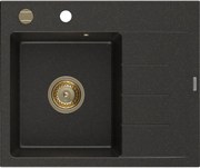 Mexen Ben zlewozmywak granitowy 1-komorowy z ociekaczem, lewy 600 x 500 mm, czarny/złoty metalik, syfon złoty - 6522605000-75-G
