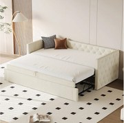 Łóżko dzienne 90x200 cm - Łóżko dziecięce z wysuwanym łóżkiem i stelażem - beżowy aksamit - materac nie jest wliczony w cenę