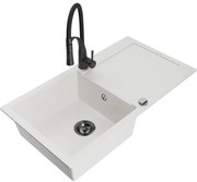 Mexen Leo zlewozmywak granitowy 1-komorowy z ociekaczem i baterią kuchenną Aster, biały - 6501-20-73450-70-B